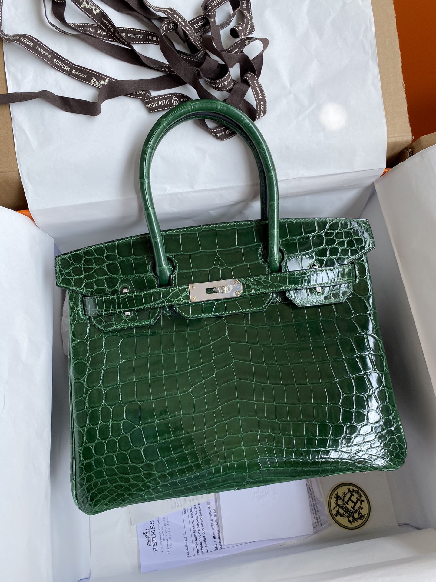 Hermes Birkin 30CM Handmade Bag In Green Crocodile Niloticus Shiny Skin